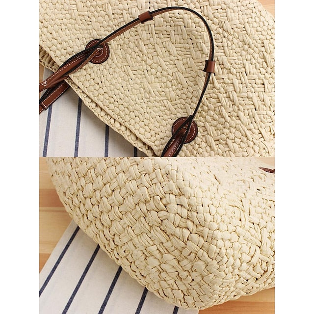 Chic Large Bag Straw Tote with Straps Leather Boho