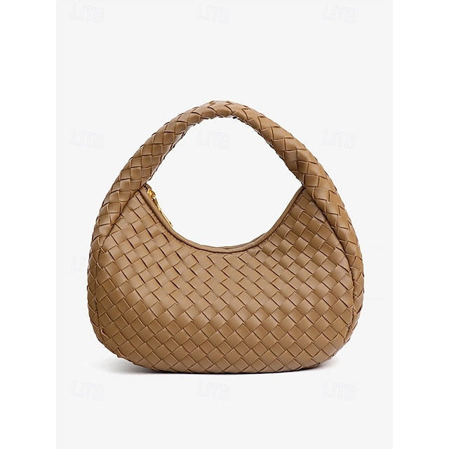 Leather Elegant Woven Chic Bag Hobo Round Ivory