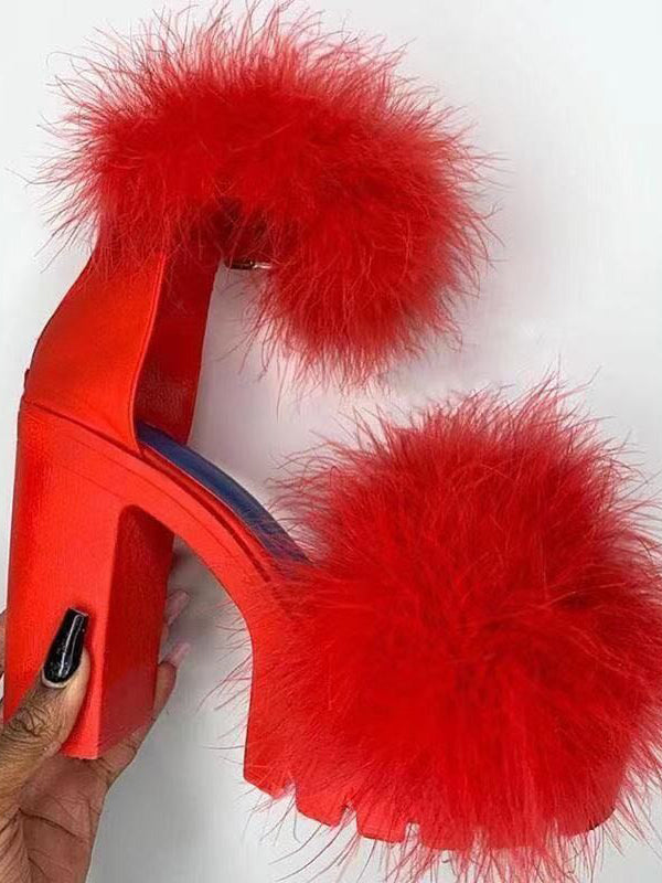 Furry Chunky Heel Sandal