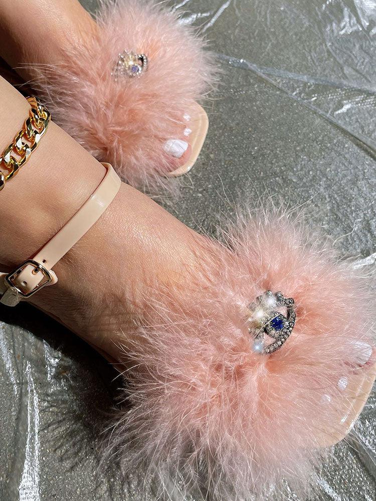 Furry Rhinestone Flat Sandal