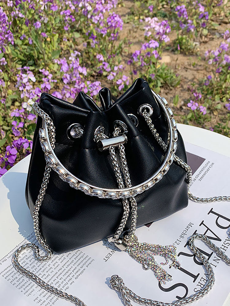 Rhinestone Decor Drawstring Bucket Bag