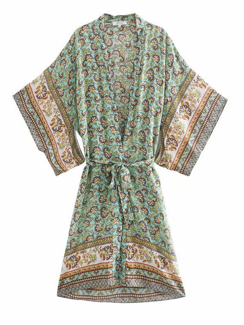 Plant Flowers Print Green Color Cotton Long Length Gown Kimono Duster Robe