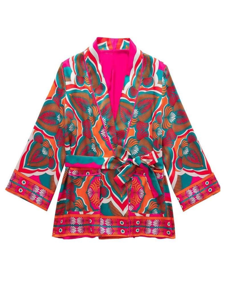 autumn belted printed short kimono jacket dress