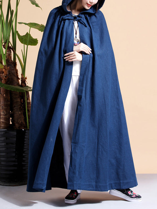 Solid Color Hooded Linen Cape Coat