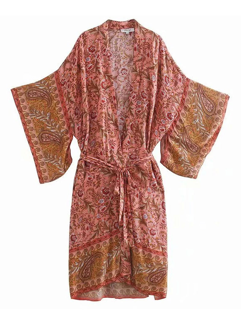 Nightwear Floral With Birds Print Pink Color Cotton Long Length Gown Kimono