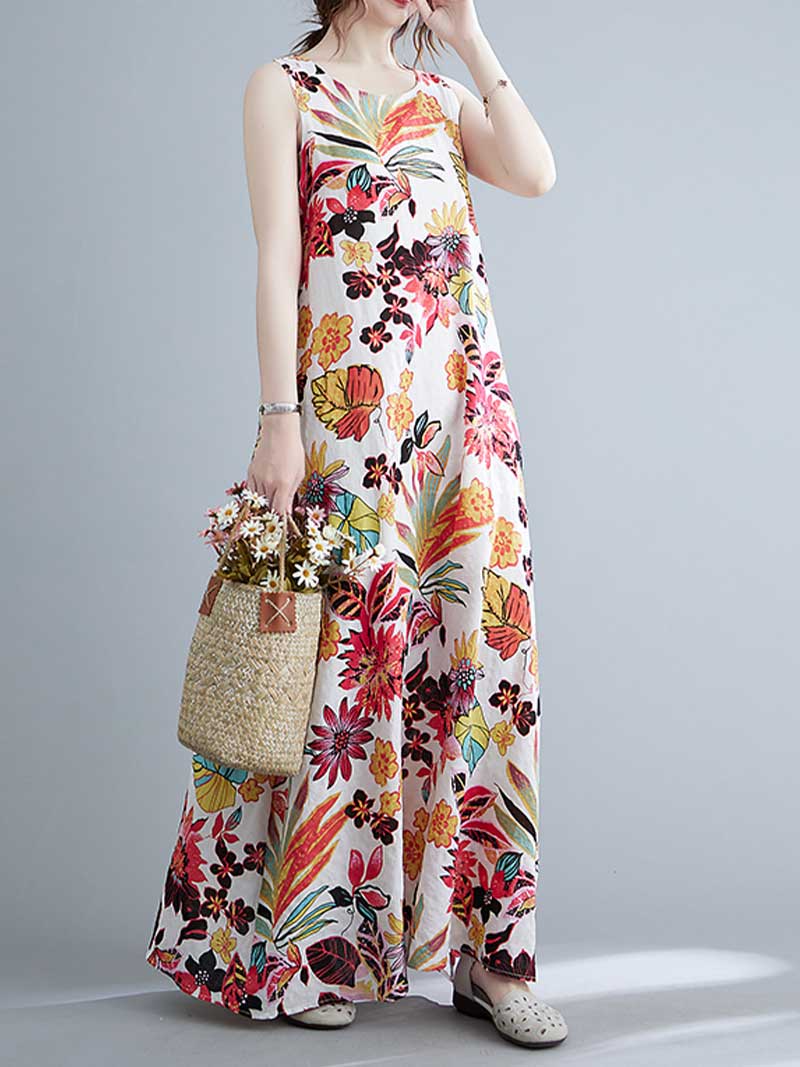 Sleeveless Cotton Floral A-Line Dress