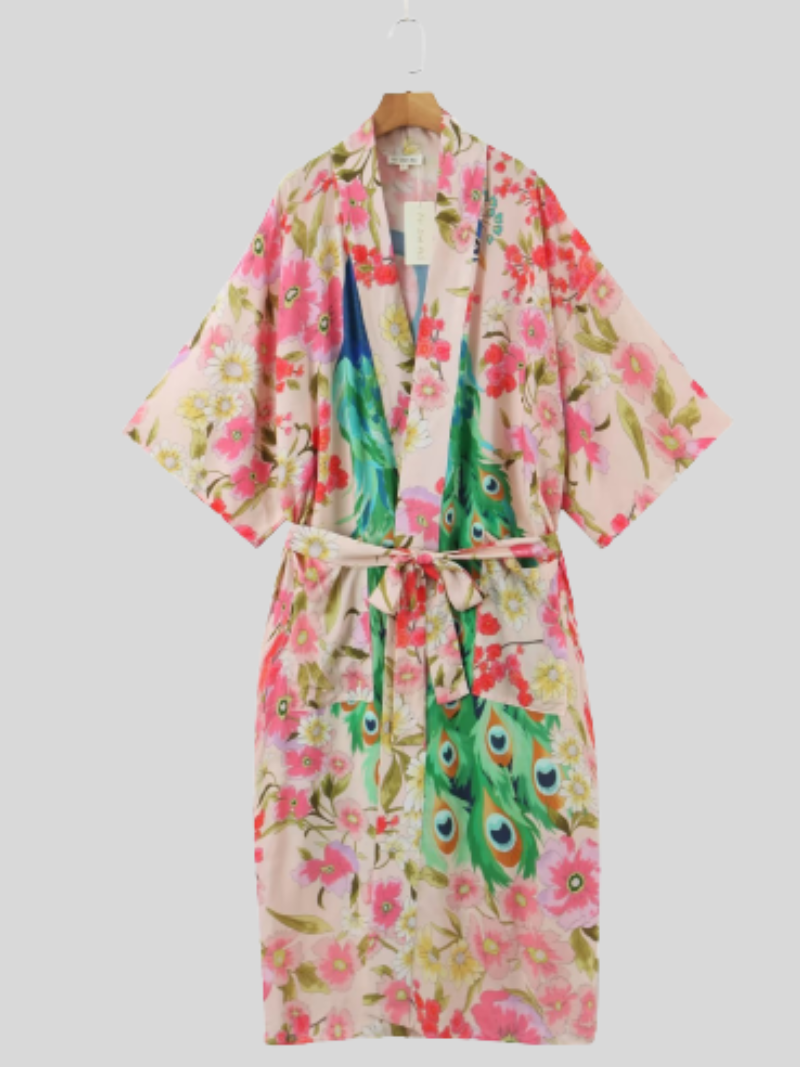 Beautiful Peacock Large Size Print Cardigan Long Kimono Jacket