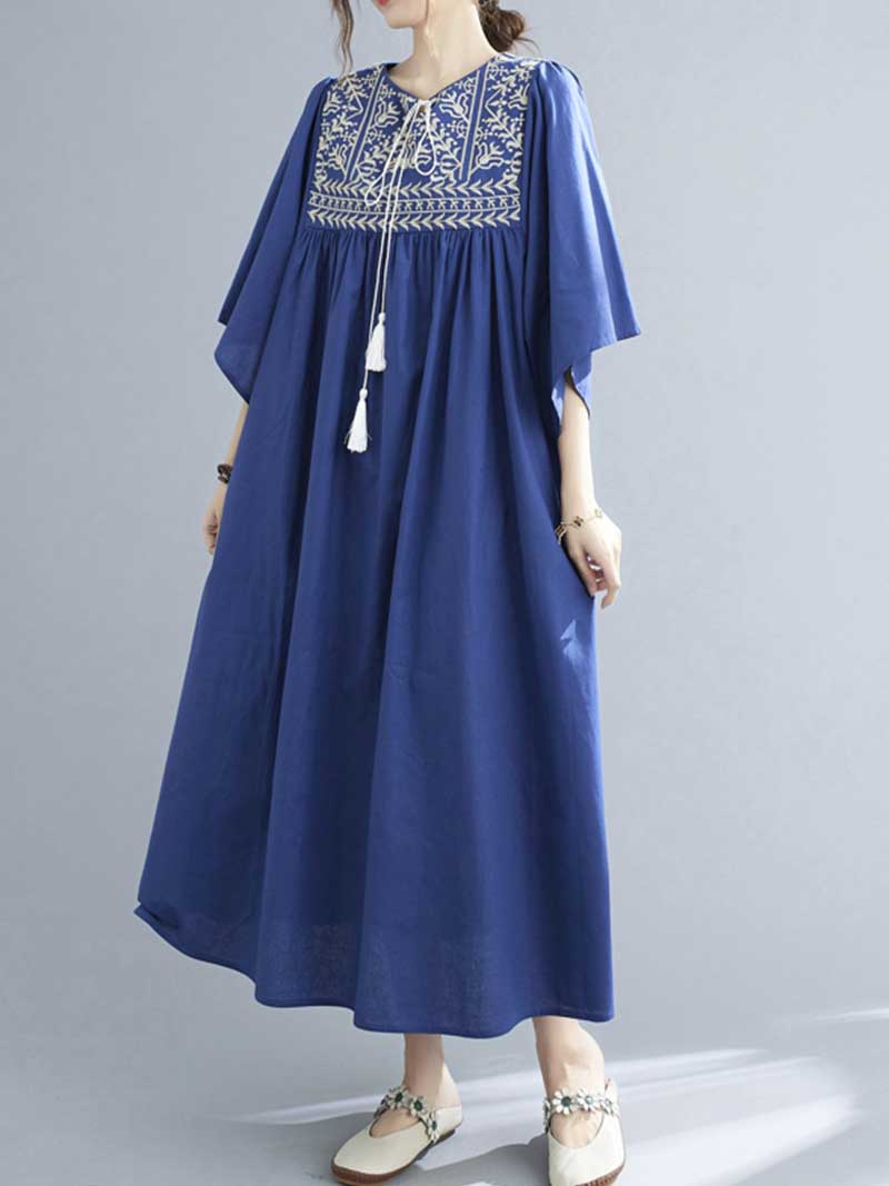 Embroidered Polyester Round-Neck A-Line Dress