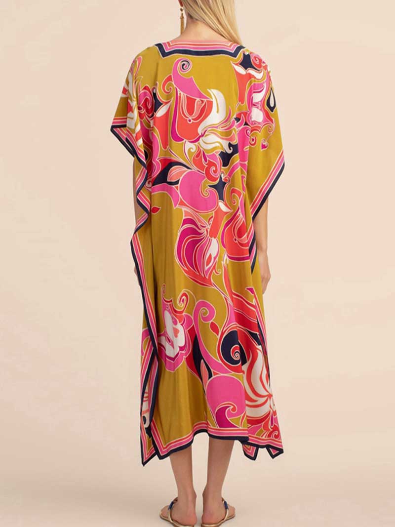 Floral Print V-Neck Short Sleeves Kaftan Dress