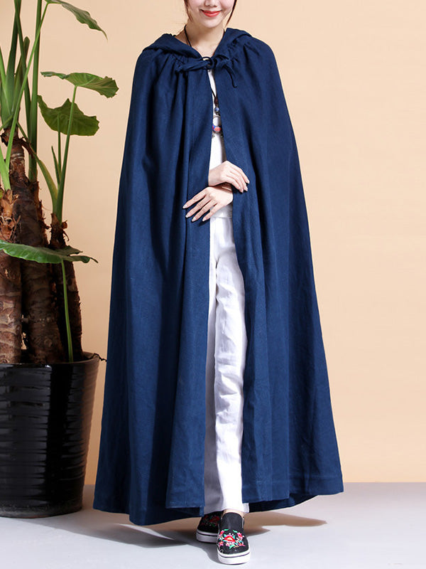 Solid Color Hooded Linen Cape Coat