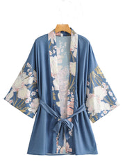 Short Length Floral Print Blue Color Cotton Gown Kimono Duster