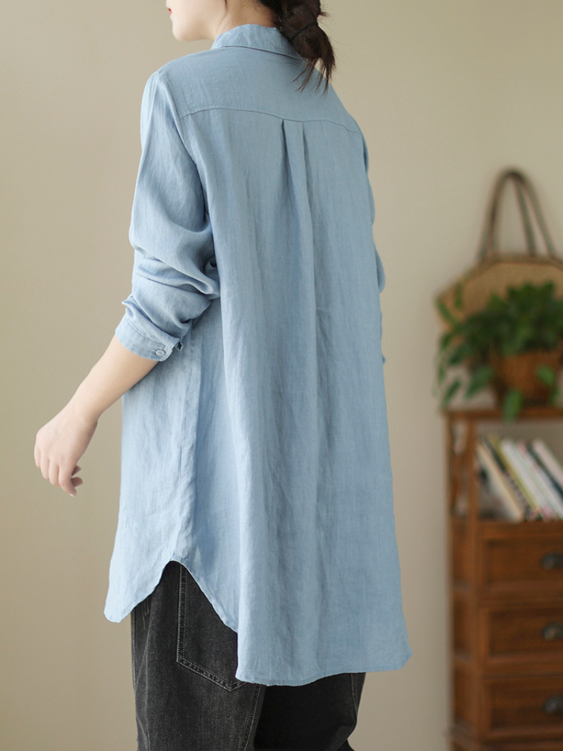 Casual Long-Sleeved Shirt Loose Mid-Length Button Shirt Top With Pocket