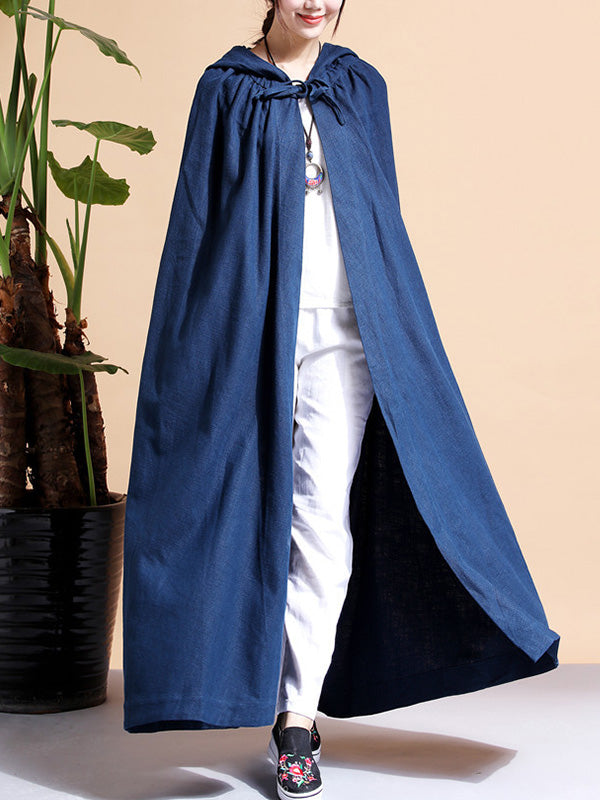 Solid Color Hooded Linen Cape Coat