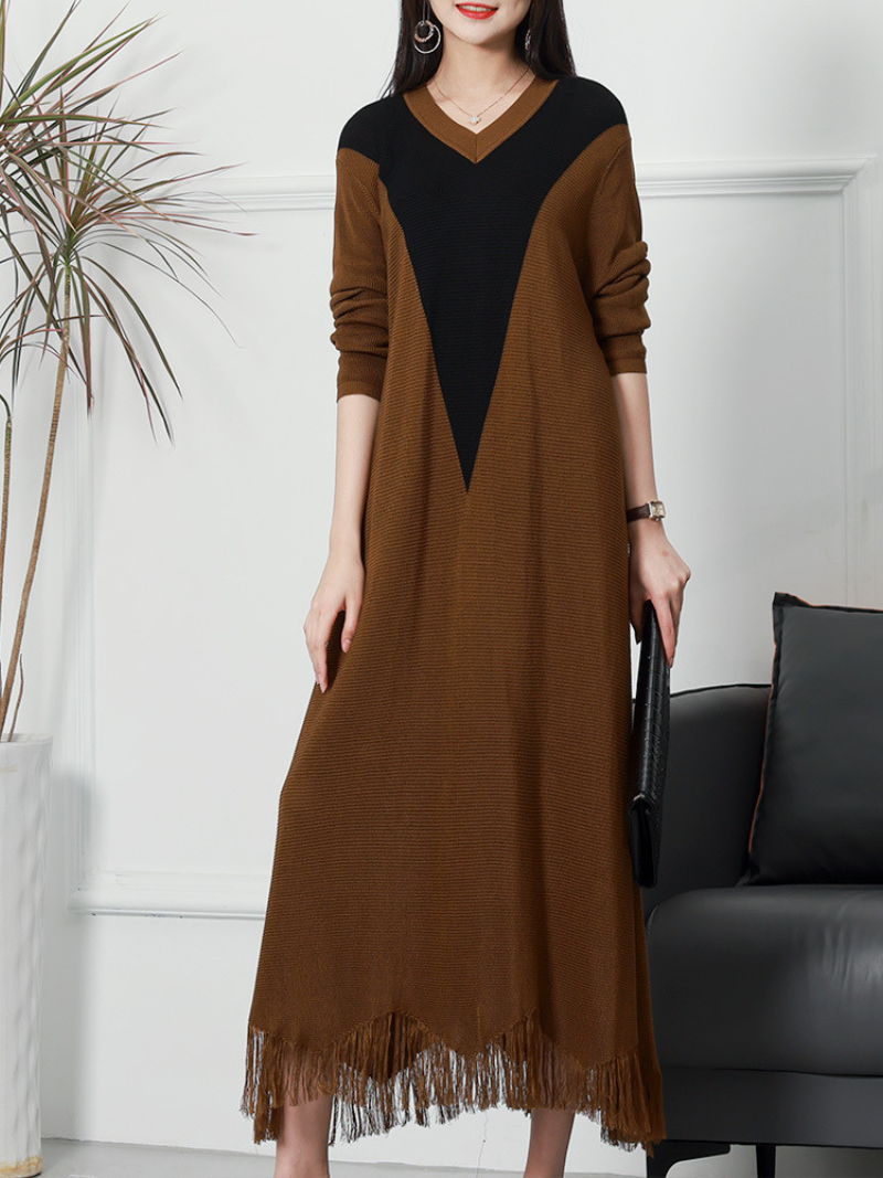 Fit Flare Loose Round Neck Knitted Midi-Dress