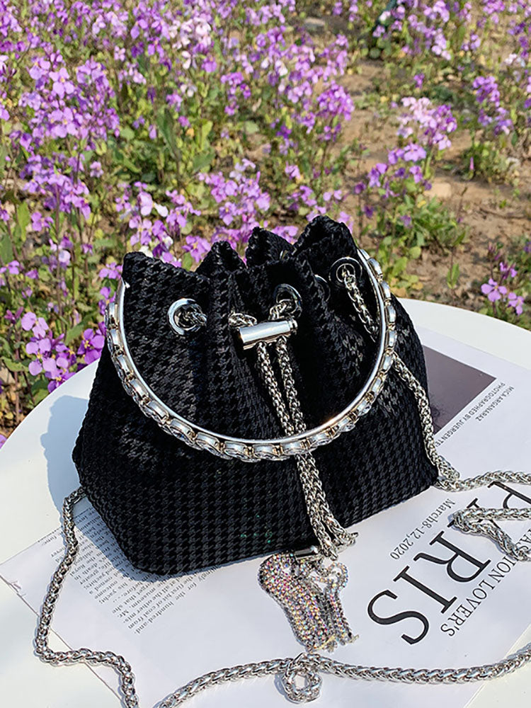 Rhinestone Decor Drawstring Bucket Bag