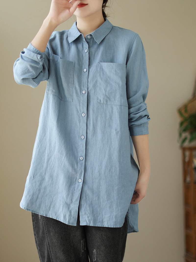 Casual Long-Sleeved Shirt Loose Mid-Length Button Shirt Top With Pocket