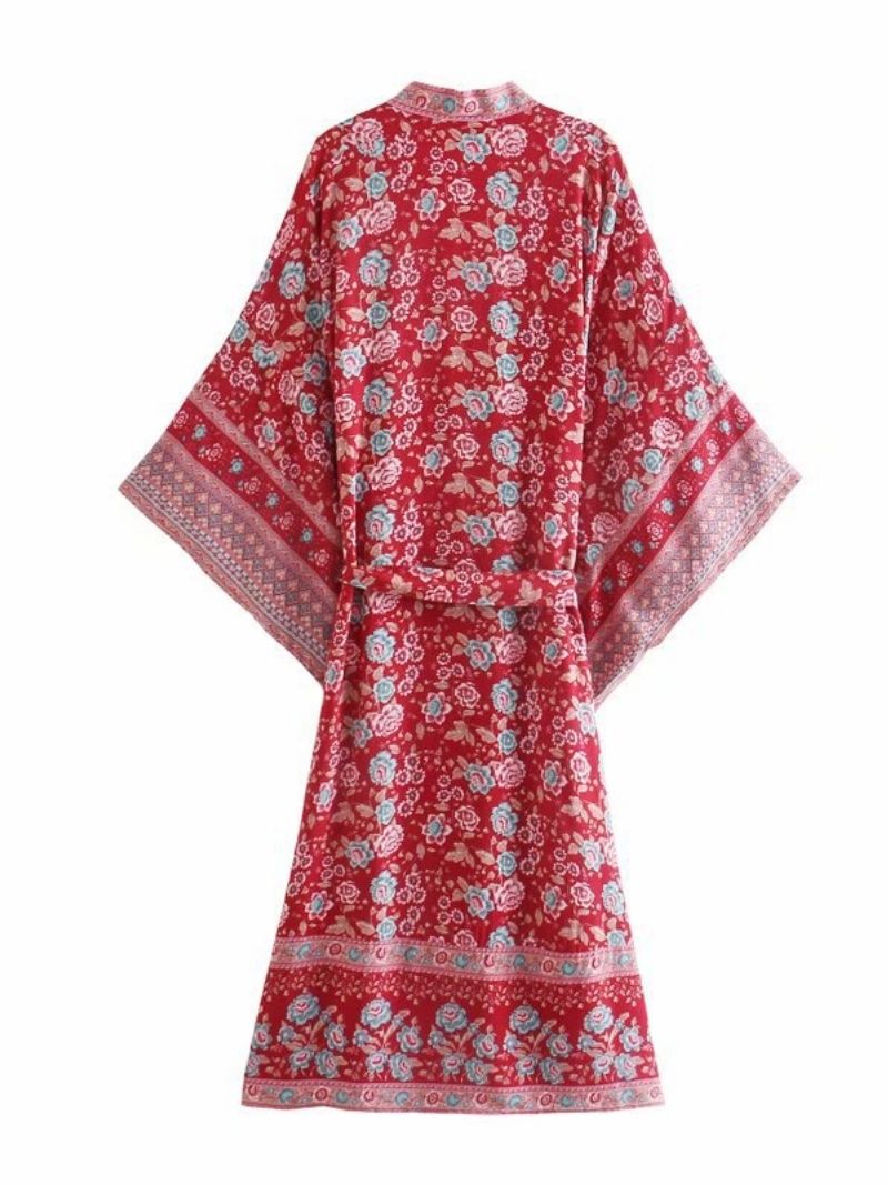 Vestido de novia de algodón largo con estampado floral color rojo, bata tipo kimono