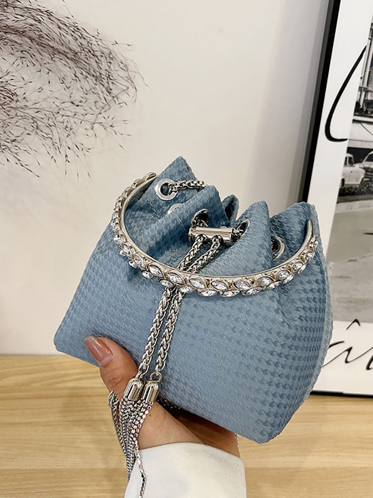 Bolsa tipo cubo con cordón y decoración de diamantes de imitación