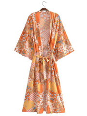 fashionable printing long belt stylish kimono cardigan jacket dress