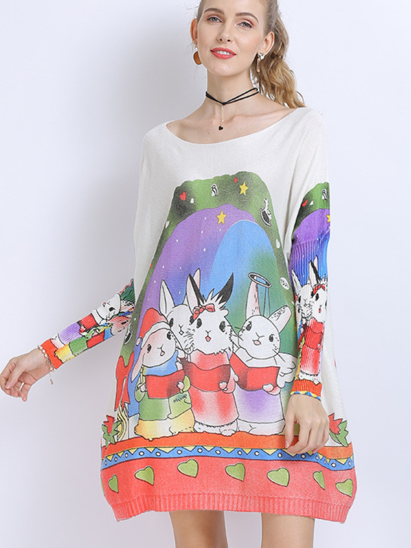 Große Größe Midi-Länge Pullover Hals Kaninchen Print Strickpullover Tops