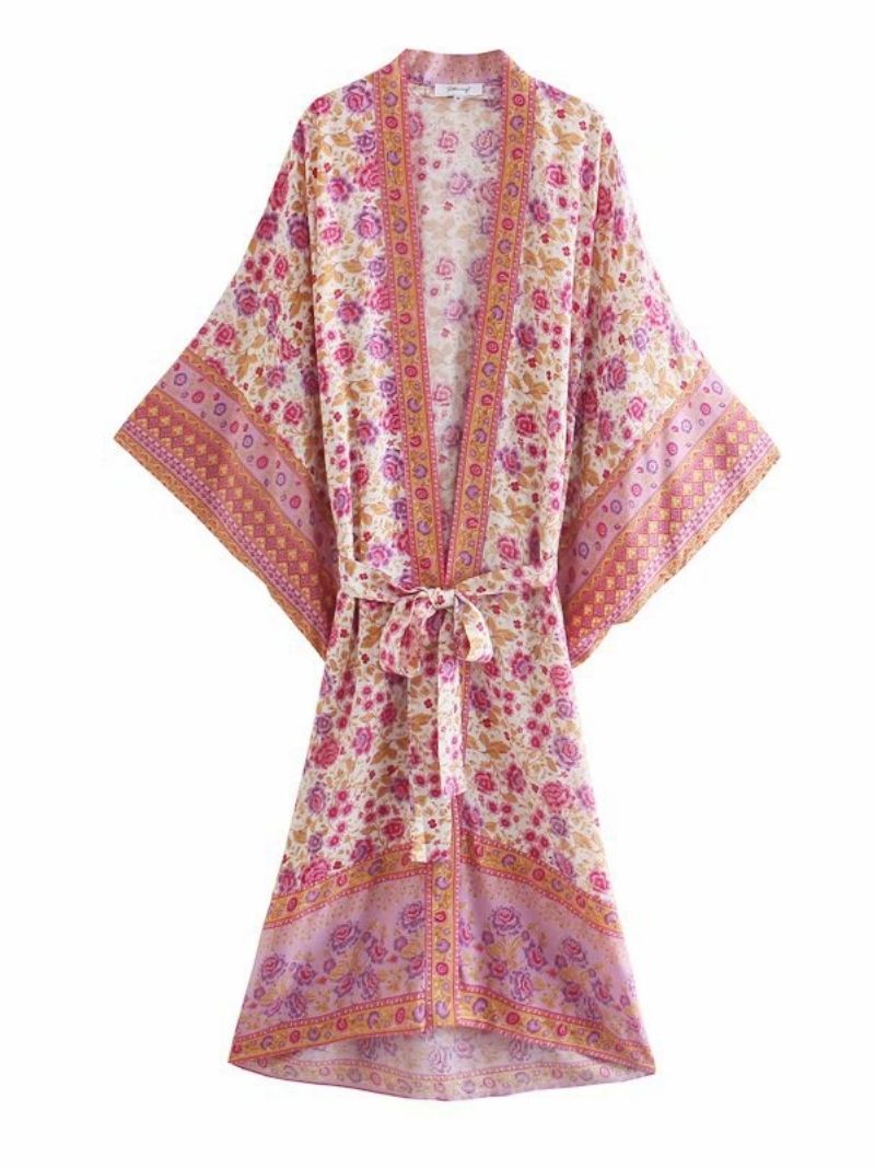 Party Wear Floral Print Pink Color Cotton Long Length Gown Kimono Duster Robe