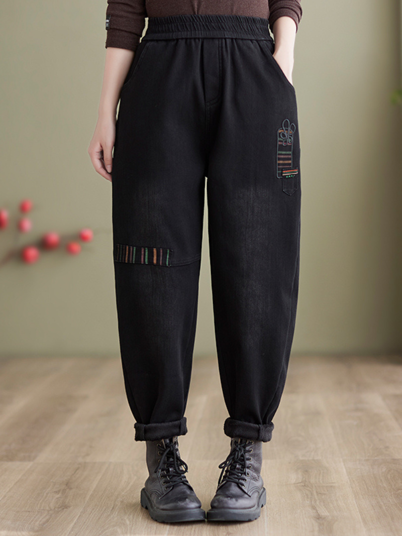 Winter Embroidery Fleece Thickened Loose Jeans Harem Pants