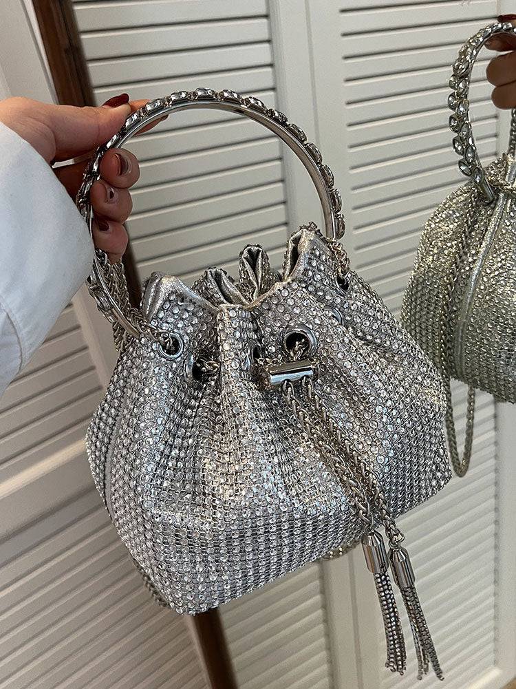 Rhinestone Decor Drawstring Bucket Bag