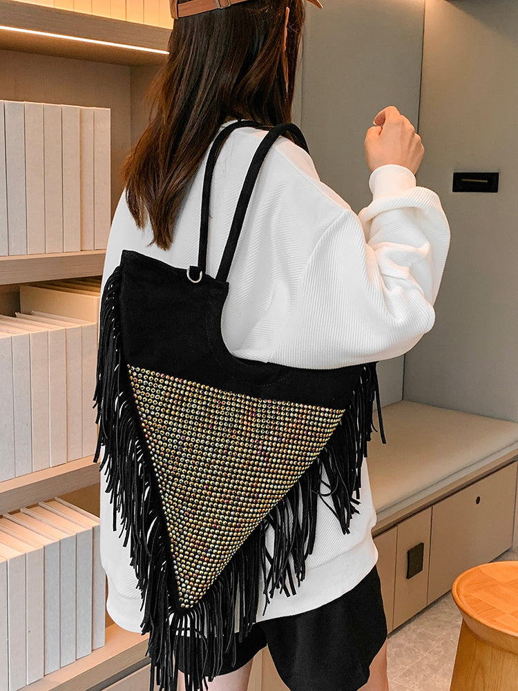 Rhinestone Decor Fringe Trim Shoulder Bag