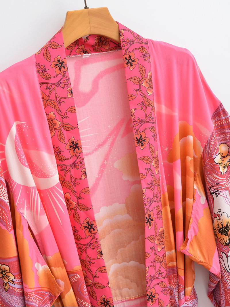 Chaqueta tipo kimono tipo cárdigan largo con cielo estrellado en color rosa otoñal