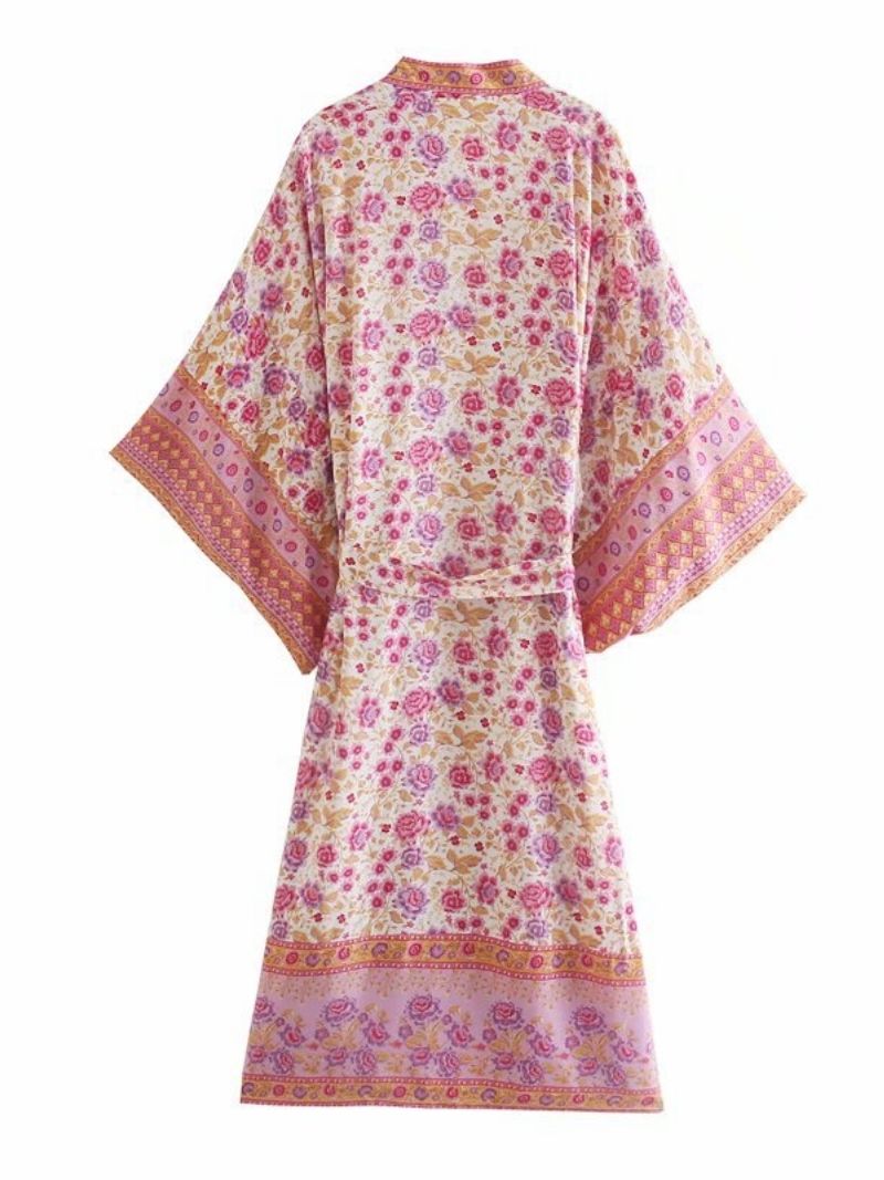 Party Wear Floral Print Pink Color Cotton Long Length Gown Kimono Duster Robe