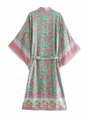 Partywear Floral Print Green Color Cotton Long Length Gown Kimono