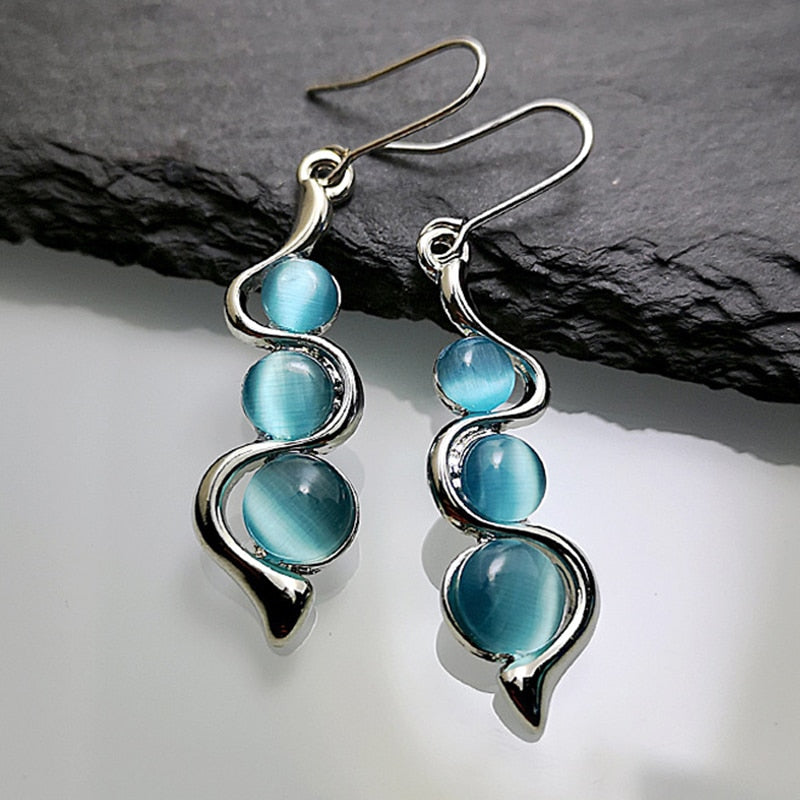Fashion Beaded Resin Stone Blue Moonstone Twist Hook Earrings