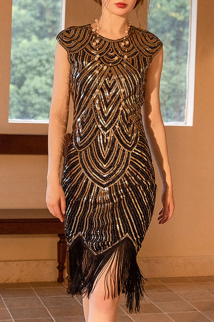 1920s Gatsby Round Neck Fitted Sequin Fringe Flapper Midi Dress - Gold