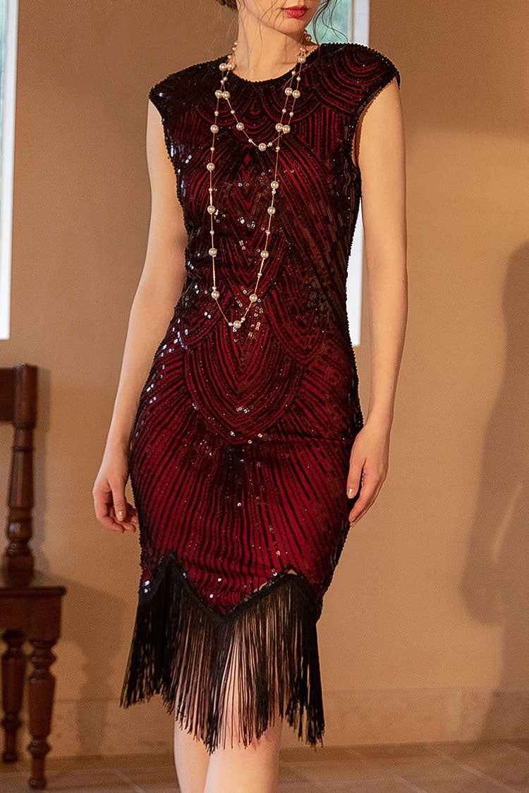 1920s Gatsby Round Neck Fitted Sequin Fringe Flapper Midi Dress - Red