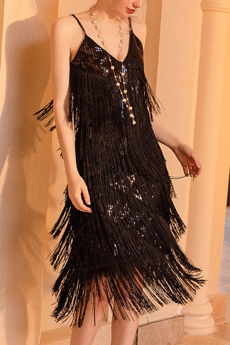 1920s Gatsby V Neck Sequined Layered Fringe Flapper Midi Dress - Black ...