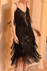 1920s Gatsby V Neck Sequined Layered Fringe Flapper Midi Dress - Black