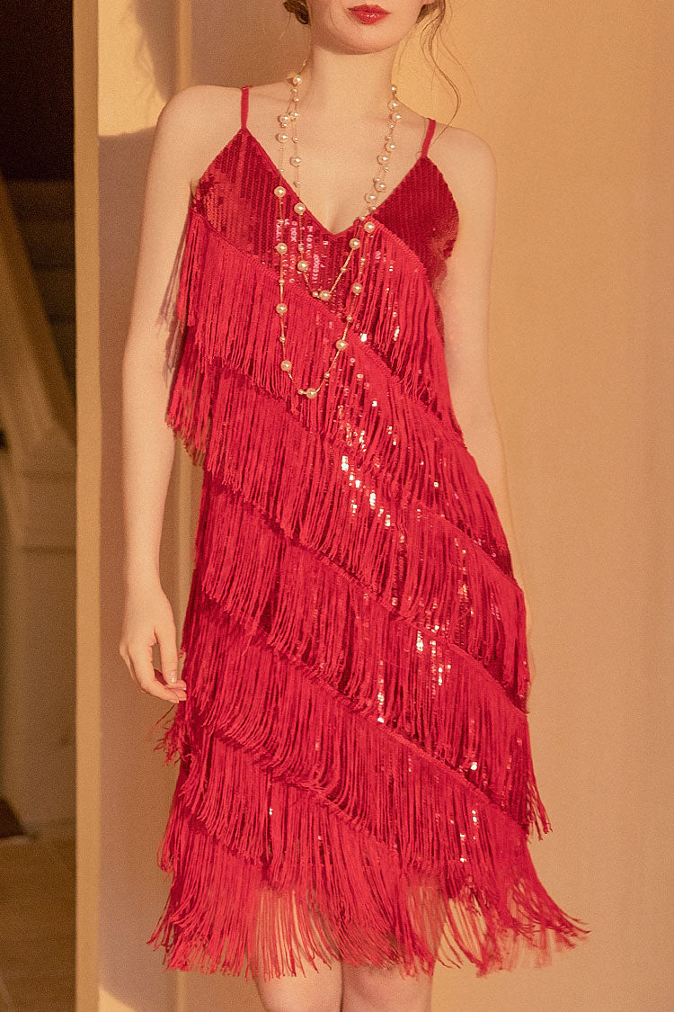 1920s Gatsby V Neck Sequined Layered Fringe Flapper Midi Dress - Red ...