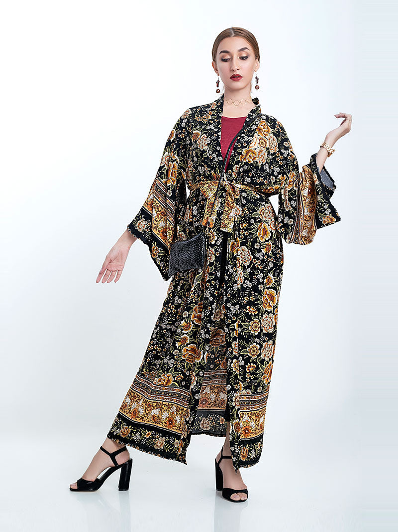 Partywear Floral Print Black Color Cotton Long Length Gown Kimono Duster Robe