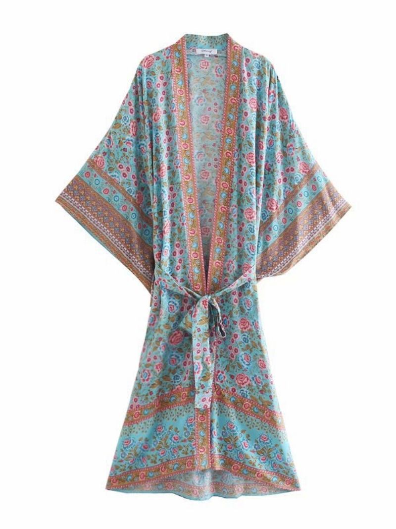 Bata tipo kimono de algodón azul con estampado floral largo para playa