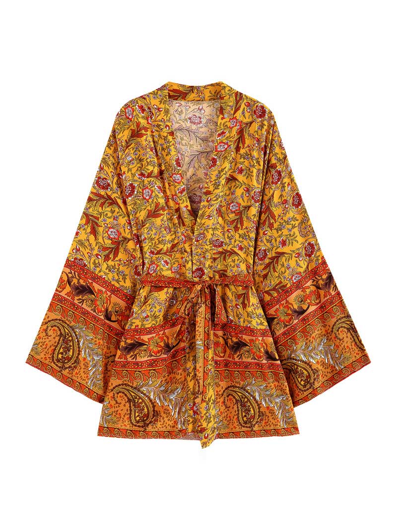 Night Wear Floral Print Yellow Cotton Short Kimono Gown Duster Robe