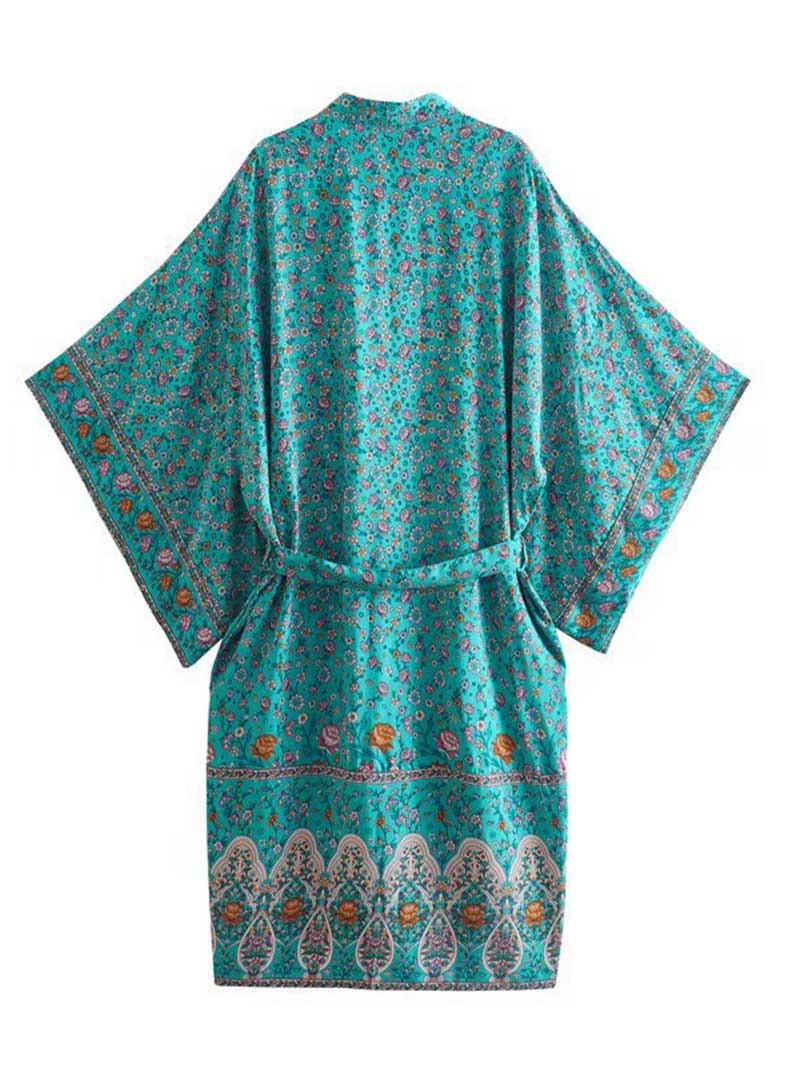 Nightwear Floral Print Cotton Green & Beige Color Long Length Gown Robe Kimono