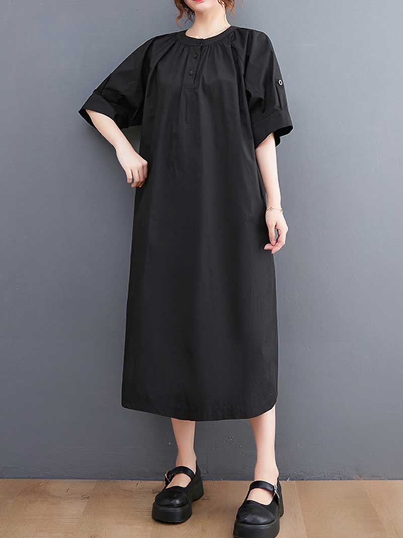 Plain Cotton Short Sleeve A-Line Dress