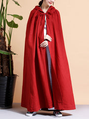 Solid Color Hooded Linen Cape Coat