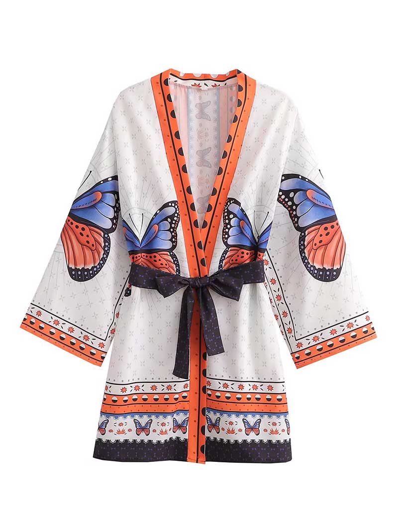 Summer Wear Cardigan Jacket Style Short Kimono With Butterfly Print  Gown Robe