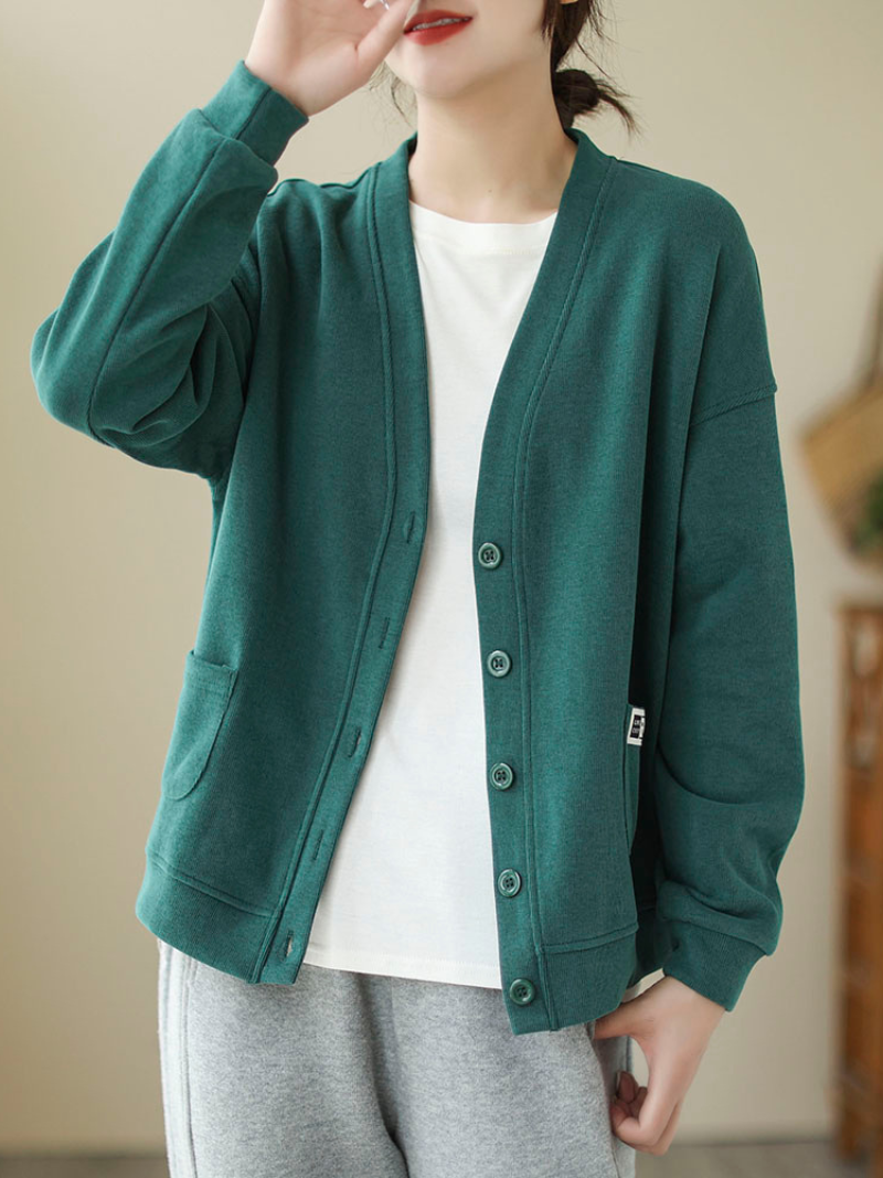 V-Neck Long-Sleeved Sweater Top Loose Solid Color Cardigan Button Sweater Jacket