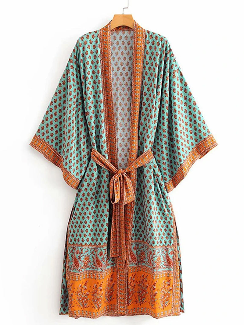 Nightwear Bohemian Print with Eye Catching Contrast Green Color Cotton Long Length Gown Kimono Duster Robe