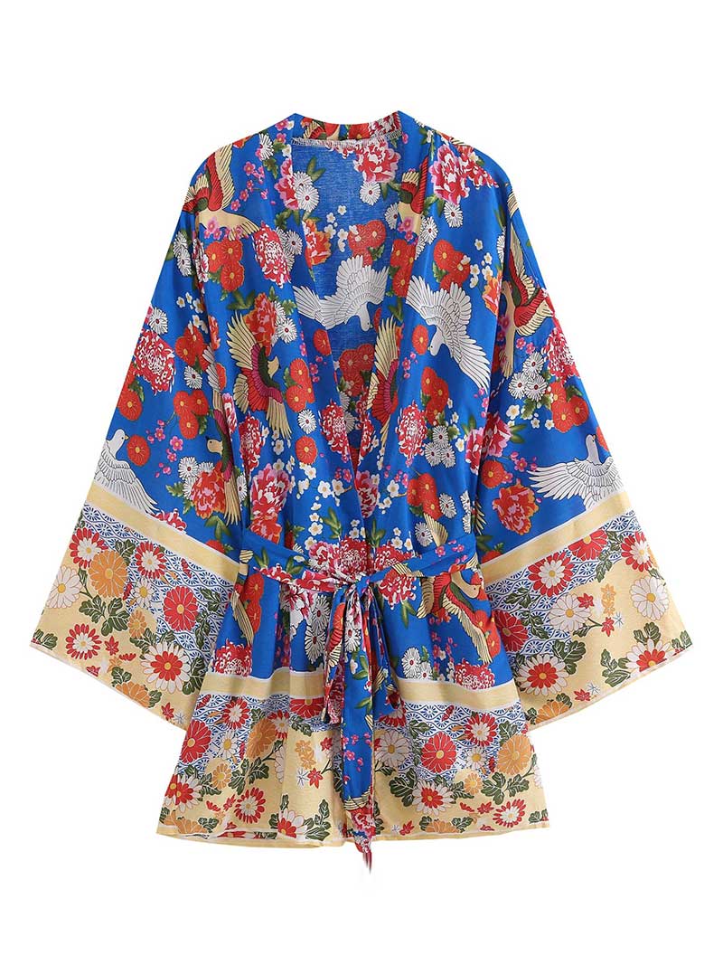 Nightwear Floral With Birds Print Short Length Kimono Gown Duster Robe