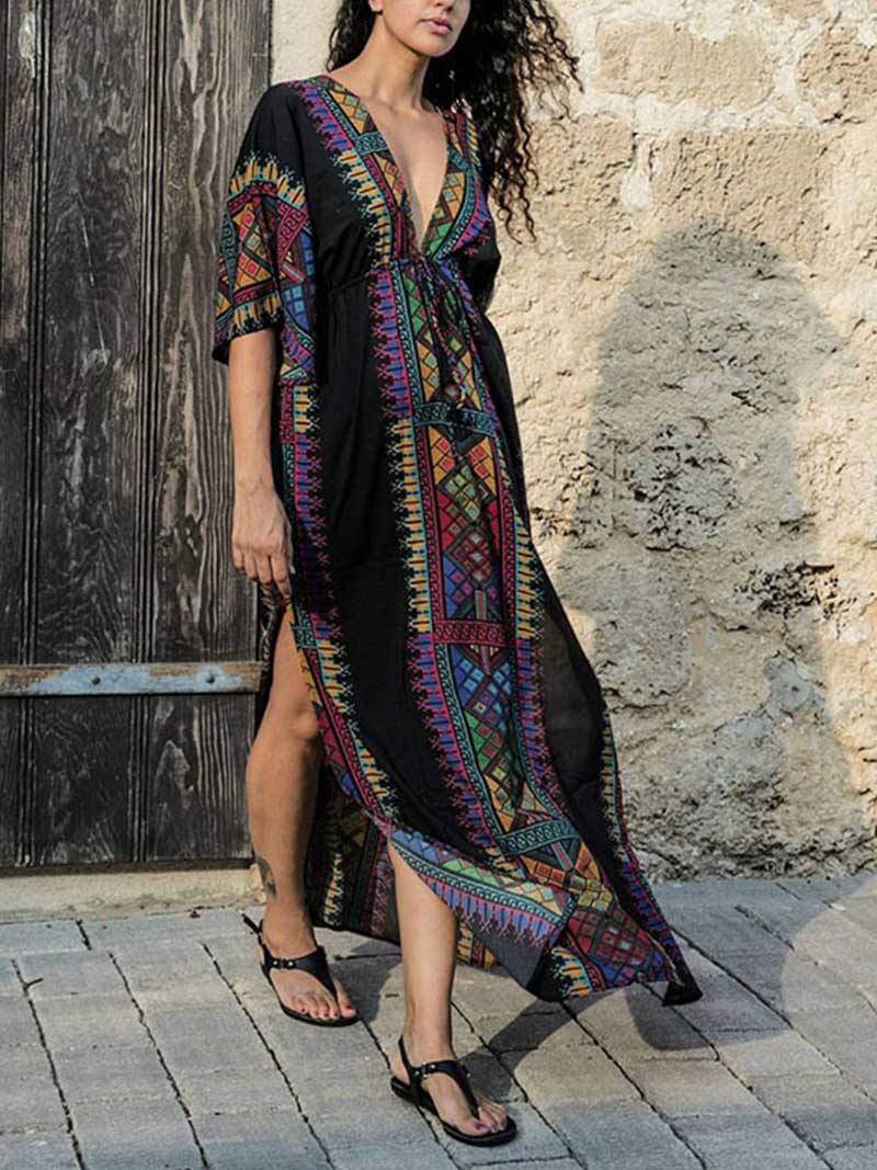 Vestido caftán de algodón de manga corta con estampado bohemio