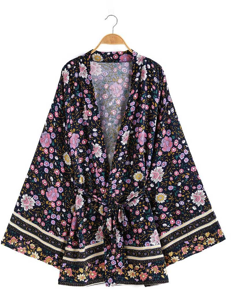 Kimono de fiesta corto con estampado floral, color negro, de algodón