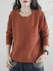 Women Knitted Small Pocket Solid Color Casual Loose Retro Sweater Top